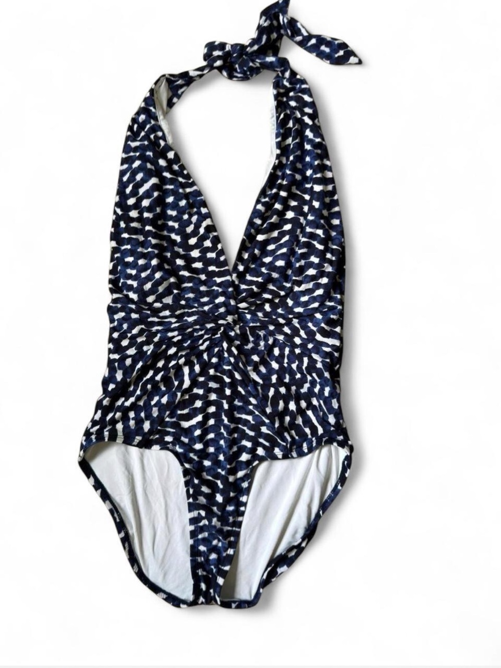 Robin Piccone Navy and White Patterned Halter Twist Deep V One-Piece Swimsuit